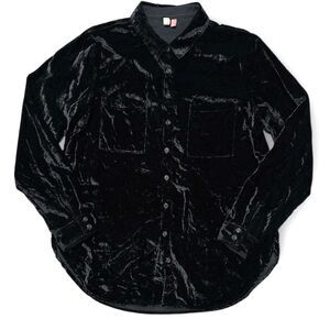 Anthropologie Pilcro Mara Shirt Relaxed Black Crushed Velvet Button Front Sz Med